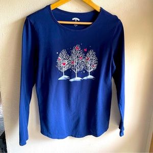 Holiday Time Silver Christmas Trees with Red Cardinals Long Sleeve Navy. Large